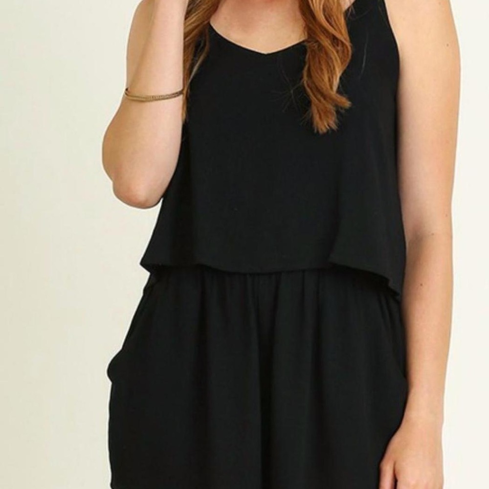 Umgee black overlay laced tie and pockets romper, size S